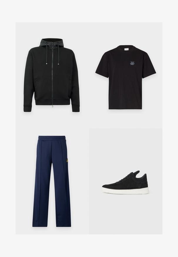 Μαύρο φούτερ με φερμουάρ φτιαγμένο από μαλακό ύφασμα. Διαθέτει επένδυση με σχέδιο στην κουκούλα, κορδόνια και πλαϊνές τσέπες. Λείο υλικό, άνετη εφαρμογή.; Μαύρο βαμβακερό μπλουζάκι με στρογγυλή λαιμόκοψη και κοντά μανίκια. Διαθέτει ένα μικρό μπλε λογότυπο στην αριστερή πλευρά του στήθους. Απλός, ευθύς σχεδιασμός.; Μπλε ναυτικό αθλητικό παντελόνι με μαλακή υφή, ελαστική μέση και μικρό κομμένο λογότυπο στο επάνω αριστερό πόδι. Κλασικός σχέδιο ίσιας γραμμής.; Μαύρο σουέτ αθλητικό παπούτσι με λευκή καουτσούκ σόλα, με τόνο ραφές και σχέδιο με κορδόνια. Λείος υφή με μοντέρνα, αεροδυναμική γραμμή.