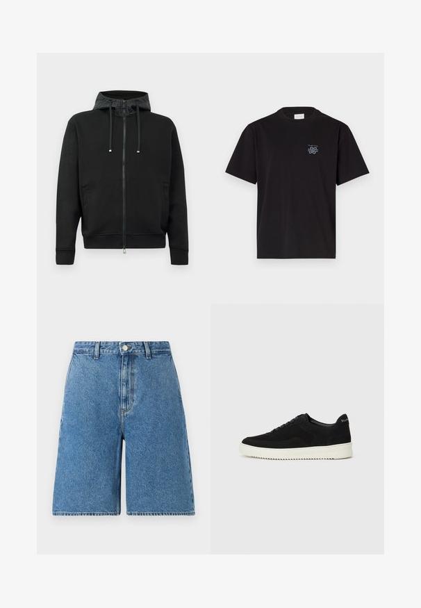 Black zip-up hoodie made of soft fabric. Features a patterned hood lining, drawstrings, and side pockets. Smooth texture, relaxed fit.; Black cotton t-shirt with a crew neck and short sleeves. Features a small blue logo on the left chest. Simple, straight-cut design.; Blue denim shorts with a high waist, featuring a front button closure, side pockets, and a straight leg design.; Black suede sneaker with lace-up design and contrasting white rubber sole. Features textured side panels and subtle branding on the heel.