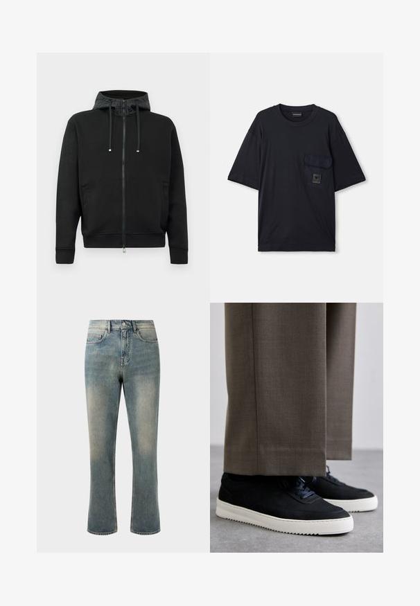 Svart zip-up hettegenser laget av mykt stoff. Har et mønstrete fôr i hetten, snorer og sidelommer. Glatt tekstur, avslappet passform.; Svart kortermet t-skjorte med rund hals og klaffelomme på venstre bryst, med et lite rektangulært logomerke.; Lyseblå denimjeans med rette ben, middels høy midje og subtile falming. Har klassisk lommeutforming og kontraststing.; Svarte suedeglans sneakers med hvite gummisåler, med rund tå og lisser, iført grå skreddersydde bukser.