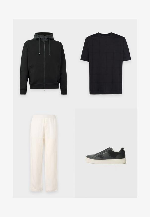 Čierna mikina na zips vyrobená z mäkkej tkaniny. Obsahuje vzorovaný podšívku kapuce, šnúrky a bočné vrecká. Hladká textúra, uvoľnený strih.; Armani Exchange Tričko s potlačou - black; Ľahké, krémové nohavice s elastickým pásom, rovný strih a jemná textúra. Nemajú viditeľné vrecká.; Čierne tenisky vyrobené z hladkej kože s textúrovanými akcentmi, biela gumová podrážka, okrúly špička a čierne šnúrky. Logo značky na boku a na zadnej strane.