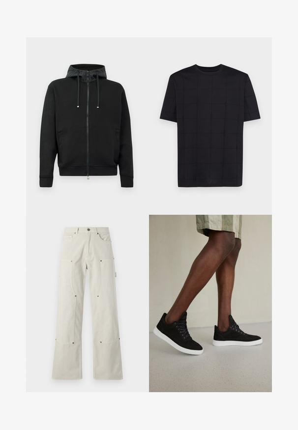 Hanorac cu fermoar negru, fabricat dintr-un material moale. Dispune de o căptușeală cu model pe glugă, șnururi de ajustare și buzunare laterale. Textură netedă, croială lejeră.; Armani Exchange Tricou cu imprimeu - black; Pantaloni largi, de culoare bej deschis, confecționați din bumbac cu o textură netedă, având buzunare aplicate și accente din metal.; Sneakeri negri din suede cu talpă din cauciuc albă, având șireturi rotunde, design joasă și o textură netedă.