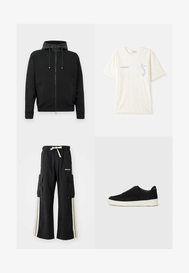 Μαύρο φούτερ με φερμουάρ φτιαγμένο από μαλακό ύφασμα. Διαθέτει επένδυση με σχέδιο στην κουκούλα, κορδόνια και πλαϊνές τσέπες. Λείο υλικό, άνετη εφαρμογή.; Λευκό βαμβακερό μπλουζάκι με κοντά μανίκια, με το κείμενο "United By Rhythm" σε μαύρη και μπλε εκτύπωση στο στήθος. Στρογγυλή σχεδίαση λαιμού.; Μαύρο cargo παντελόνι με ελαστική μέση και κορδόνι ρύθμισης, διαθέτει κρεμ ρίγες στο πλάι, πολλές τσέπες και λογότυπο μπροστά.; Μαύρο σουέτ αθλητικό παπούτσι με σχέδιο κορδονιών και λευκή λαστιχένια σόλα σε αντίθεση. Διαθέτει υφαντές πλαϊνές πάνελ και διακριτική σήμανση στην φτέρνα.