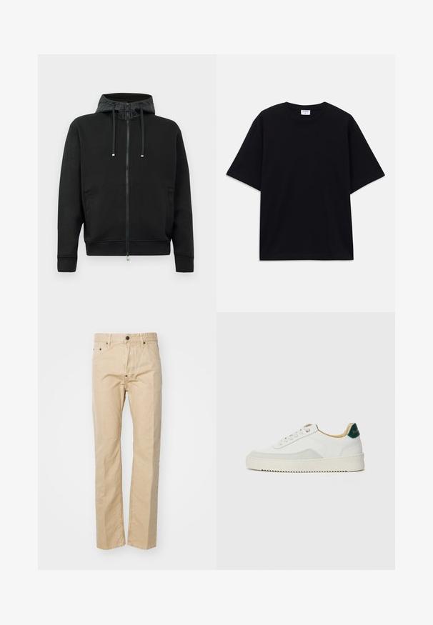 Crna zip-up dukserica od mekog materijala. Sadrži kapuljaču s uzorkom, šnalu za podešavanje i bočne džepove. Glatka tekstura, opušteni kroj.; Crna kratka oversized majica s kratkim rukavima i okruglim izrezom, s vidljivom etiketom branda Filippa K unutar ovratnika.; Bež pamuk hlače s ravnim krojem, koje imaju zatvaranje na dugme, petlje za remen i prednje džepove. Glatka tekstura, minimalno šivanje.; Bijele tenisice s akcentima od antilopa, zaobljenim vrhom, ravnim vezicama i krem gumenim potplatom. Imaju zelenu oznaku na peti.