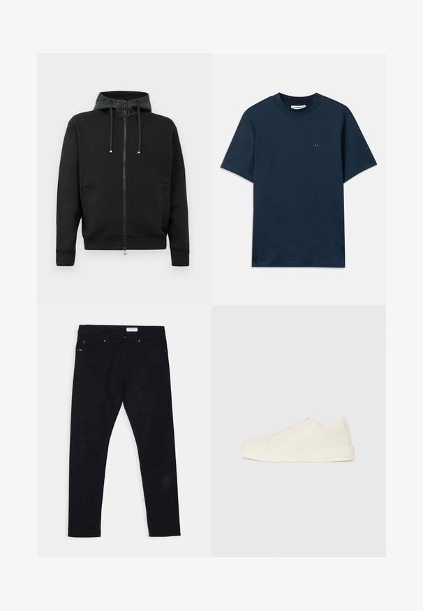 Crna zip-up dukserica od mekog materijala. Sadrži kapuljaču s uzorkom, šnalu za podešavanje i bočne džepove. Glatka tekstura, opušteni kroj.; Tamna plava pamučna majica s okruglim izrezom, kratkim rukavima i suptilnim logotipom otisnutim na prsima. Glatka tekstura i klasičan kroj.; Crne traperice od denima slim kroja, s pet džepova i metalnim dekoracijama. Uključuju kožnu oznaku na stražnjem remenu.; Niske bež kožne tenisice s okruglim vrhom, minimalnim šavovima i bočnim patentnim zatvaračem na bijeloj pozadini.