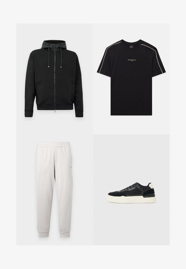 Čierna mikina na zips vyrobená z mäkkej tkaniny. Obsahuje vzorovaný podšívku kapuce, šnúrky a bočné vrecká. Hladká textúra, uvoľnený strih.; Čierne bavlnené tričko s krátkymi rukávmi, okrúhlym výstrihom, béžovým kontrastným prešívaním na pleciach a logom ARMANI EXCHANGE v strede.; Svetlé šedé teplákové nohavice s elastickým pásom, bočnými vreckami, rebrovanými manžetami a diskrétnym brandingom na nohavici, vyrobené z mäkkej tkaniny.; Čierne tenisky vyrobené z textílie a kože, s hrubou bielou podrážkou a kontrastnými akcentmi. Šnúrky a detail loga na boku.