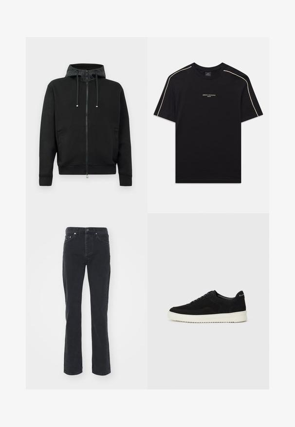 Juodas užtrauktukas megztinis, pagamintas iš minkštos medžiagos. Su raštuota kapučio pamušalu, raišteliais ir šoninėmis kišenėmis. Lygus paviršius, laisvas kirpimas.; Juodas medvilninis marškinėliai su trumpomis rankovėmis, apvaliu kaklu, šviesiai rudos spalvos siūlėmis ant pečių ir ARMANI EXCHANGE logotipu viduryje.; Juodos džinsinės kelnės su tiesiomis kojomis, turinčios penkis kišenes ir mygtukų uždarymą. Audinys turi subtilią tekstūrą ir tvirtą apdailą.; Juodos veliūrinės sportinės bateliai su raištelių dizainu ir kontrastinga balta gumine padais. Yra tekstūruoti šoniniai skydeliai ir subtilus logotipas ant kulno.