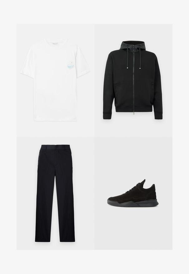 Crna zip-up dukserica od mekog materijala. Sadrži kapuljaču s uzorkom, šnalu za podešavanje i bočne džepove. Glatka tekstura, opušteni kroj.; Bijela pamučna majica kratkih rukava, s malim šarenim grafičkim printom na lijevoj strani prsnog dijela koji prikazuje valove i tekst "Izvan plastike."; Crne hlače od lagane, teksturirane tkanine, ravnog kroja, s elastičnom gumicom u struku i bočnim džepovima sa zatvaračem.; Crni nubuk tenisice s niskim profilom, teksturiranim gornjim dijelom, ravnim vezicama i čvrstim gumeni potplat s blagim đonom i zakrivljenim dizajnom.