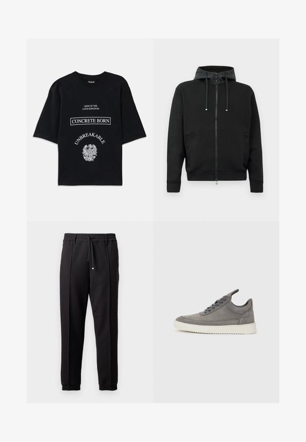 Svart zip-up hettegenser laget av mykt stoff. Har et mønstrete fôr i hetten, snorer og sidelommer. Glatt tekstur, avslappet passform.; Svart oversized T-skjorte med hvit tekst "Kids of the Loud Kingdom," "Concrete Born," "Unbreakable," og et detaljert ørner Graphic under.; Sorte bukser med liv, snor og elastiske mansjetter. Har plisséer og et glatt, teksturert stoff.; Grå semsket joggesko med teksturert overflate, som har en hvit gummisåle, runde snorer og et lavt design.