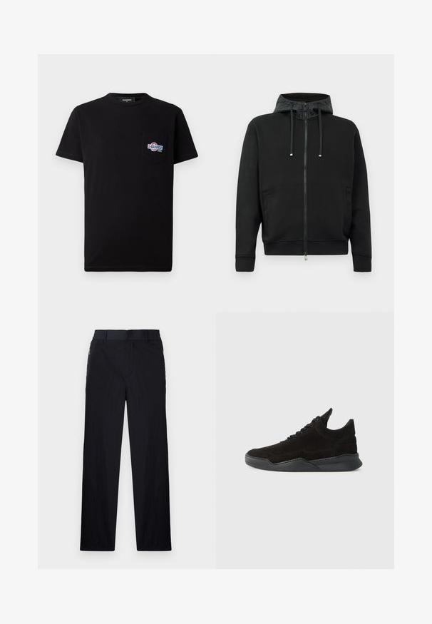 Schwarze Reißverschluss-Hoodie aus weichem Stoff. Mit einem gemusterten Futter in der Kapuze, Kordeln und Seitentaschen. Glatte Textur, lockere Passform.; Schwarzes Baumwoll-T-Shirt mit kurzen Ärmeln und Rundhalsausschnitt, ausgestattet mit einer linken Brusttasche und einem mehrfarbigen bestickten Logo.; Schwarze Hose aus leichtem, strukturiertem Stoff, mit geradem Bein, elastischem Bund und seitlichen Reißverschlusstaschen.; Schwarze Wildleder-Sneaker mit niedrigem Profil, strukturiertem Obermaterial, flachen Schnürsenkeln und einer soliden Gummisohle mit leichtem Absatz und geschwungenem Design.
