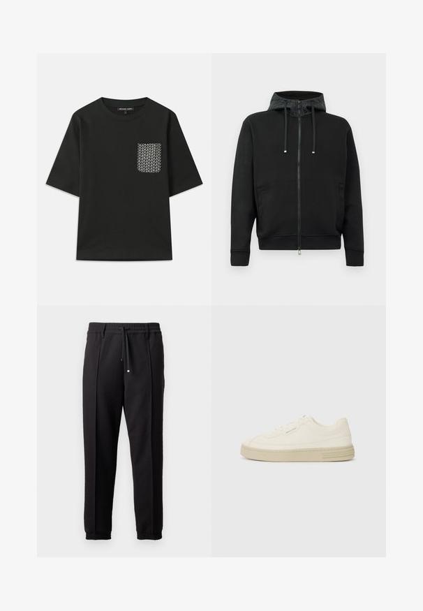 Sudadera negra con cremallera, hecha de una tela suave. Presenta un forro con patrón en la capucha, cordones y bolsillos laterales. Textura suave y corte relajado.; Camiseta de algodón negra con cuello redondo y mangas cortas. Presenta un bolsillo decorado en el lado izquierdo con diseños geométricos blancos.; Pantalones negros con cinturilla, cordón y puños elásticos. Presentan pliegues y una tela lisa y texturizada.; Zapatillas de lona blancas con suela de goma texturizada, que cuentan con una puntera cosida y un acento de logo en el talón. Diseño simple de cordones.