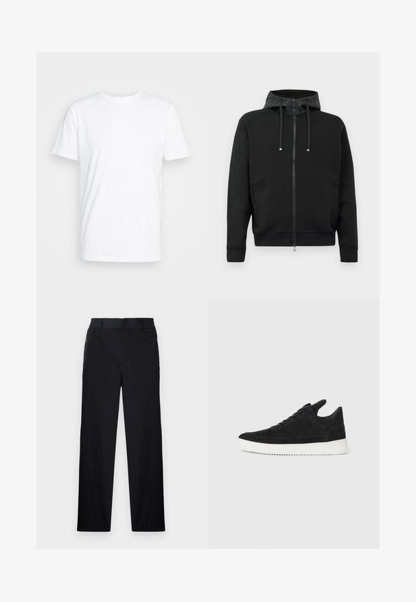 Must musta tõmblukuga kapuutsiga, mis on valmistatud pehmest kangast. Omab mustrilist kapuutsi voodrit, tõmblukke ja küljetaskut. Sujuv tekstuur, vabalt langev lõige.; Valge puuvillane T-särk, millel on klassikaline ümar kaelus, lühikesed varrukad ja sile tekstuur; ilma mustrite või nähtavate logodeta.; Mustad püksid, millel on kerge, tekstuuriga kangas, sirge jala disain, elastne vöökoht ja küljetaskud sipsiga.; Must mustel kingad valge kummist tallaga, millel on toon-toonis õmblused ja paeltega disain. Sile tekstuur ja moodne, voolujooneline kuju.
