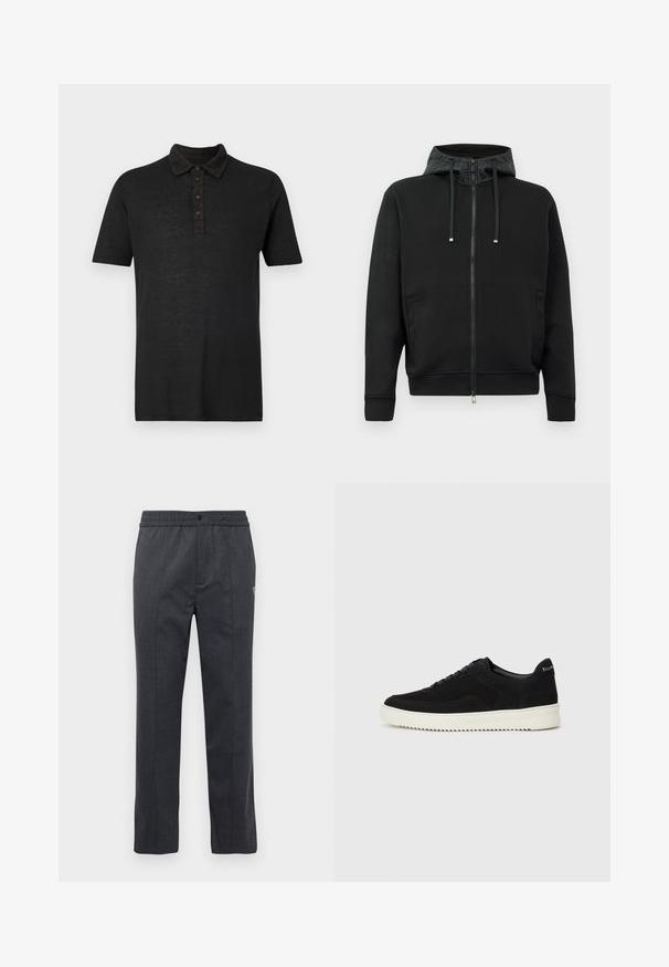 Must musta tõmblukuga kapuutsiga, mis on valmistatud pehmest kangast. Omab mustrilist kapuutsi voodrit, tõmblukke ja küljetaskut. Sujuv tekstuur, vabalt langev lõige.; 120% Lino SHORT SLEEVES - Polosärk - black solid; Tumed hallid sirged püksid elastse vöökohaga, ees nööbiga sulgemine ja peenelt tikand paremal küljel.; Mustad suede jooksujalatsid, millel on paelad ja kontrastne valge kummitald. Omab tekstuuriga külgpaneele ja tagasihoidlikku brändimist kandadel.