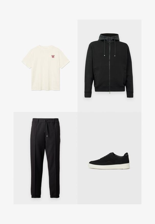 Čierna mikina na zips vyrobená z mäkkej tkaniny. Obsahuje vzorovaný podšívku kapuce, šnúrky a bočné vrecká. Hladká textúra, uvoľnený strih.; Krémové tričko s krátkym rukávom a okrúhlym výstrihom, na ľavej strane hrude je malé červené logo "W".; Čierne nohavice s pásom, šnúrkou na stiahnutie a elastickými manžetami. Obsahujú pútkové prešitia a hladkú, textúrovanú látku.; Čierne semišové tenisky s šnurovacím dizajnom a kontrastnou bielou gumovou podrážkou. Obsahujú štruktúrované bočné panely a jemné logo na päte.