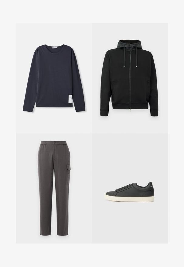 Fekete cipzáras kapucnis pulóver puha anyagból. Mintás kapucni bélés, zsinórok és oldalsó zsebek jellemzik. Simára fésült textúra, laza fazon.; Hosszú ujjú, kerek nyakú póló sötét tengerészkék pamutból, puha tapintással, amelyen egy kis fehér címke található a bal oldalon.; Szürke, laza szabású nadrág, sima anyagból készült. Gombos záródással, oldalsó zsebekkel és egy cargo zsebbel rendelkezik a lábon.; Fekete bőr sportcipő alacsony profilú, lekerekített orral és fűzős záródással; texturált gumitalppal és logó részlettel a saroknál.