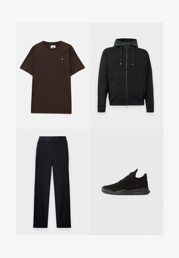 Svart zip-up hettegenser laget av mykt stoff. Har et mønstrete fôr i hetten, snorer og sidelommer. Glatt tekstur, avslappet passform.; Mørkebrun t-skjorte med korte ermer, rund halslinning og et lite svart og hvitt logo-merke på øvre venstre bryst.; Sorte bukser med lett og teksturert stoff, rett ben-design, elastisk midjebånd og sidelommer med glidelås.; Svart semsket sneaker med lav profil, teksturert overdel, flate lisser og en solid gummisåle med en svak hæl og buet design.