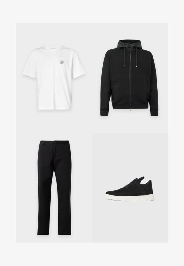 Melna zip-up kapuce, izgatavota no mīksta auduma. Iezīmēta ar rakstainu kapuces oderi, auklām un sānu kabatām. Gluda tekstūra, brīvs piegriezums.; Baltas kokvilnas T-krekls ar īsām piedurknēm, apaļu dekoltē un mazu pelēku logo kreisajā krūšu daļā. Gluda tekstūra.; Melni taisni bikses ar pogu un rāvējslēdzēja aizdari, jostas cilpām un priekšējiem kabatām, izliktas uz baltas fona.; Melna zamša apavi ar baltu gumijas zoli, ar tonālu izšuvumu un auklu dizainu. Gluda tekstūra ar mūsdienīgu, plūstošu formu.