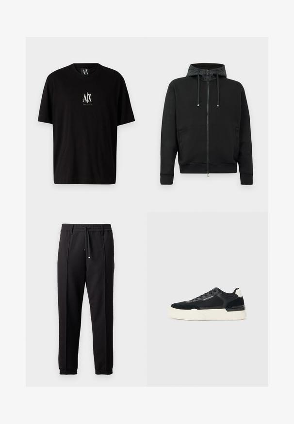 Svart zip-up hettegenser laget av mykt stoff. Har et mønstrete fôr i hetten, snorer og sidelommer. Glatt tekstur, avslappet passform.; Svart bomull T-skjorte med korte ermer, rund hals, og en liten hvit logo "A|X" sentrert på brystet.; Sorte bukser med liv, snor og elastiske mansjetter. Har plisséer og et glatt, teksturert stoff.; Svart sneaker laget av mesh og lær, med en tykk hvit såle og kontrasterende detaljer. Lissene og logoen er detaljer på siden.