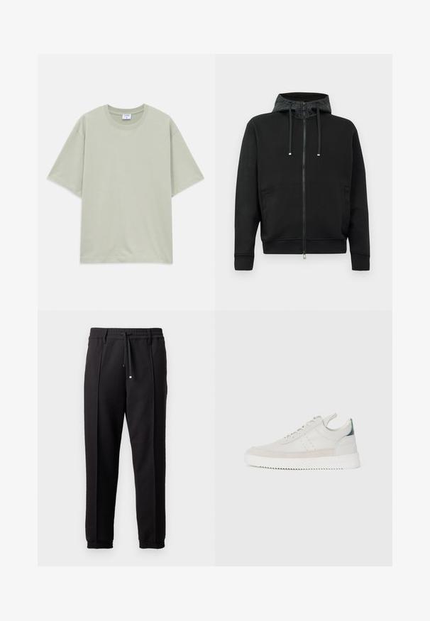 Black zip-up hoodie made of soft fabric. Features a patterned hood lining, drawstrings, and side pockets. Smooth texture, relaxed fit.; Light green loose-fit short-sleeve cotton T-shirt with round neckline, laid flat on white background.; Black trousers with a waistband, drawstring, and elastic cuffs. Features pleats and a smooth, textured fabric.; White leather sneakers with gray suede accents, lace-up design, pull tab, and textured rubber sole featuring a zigzag pattern.