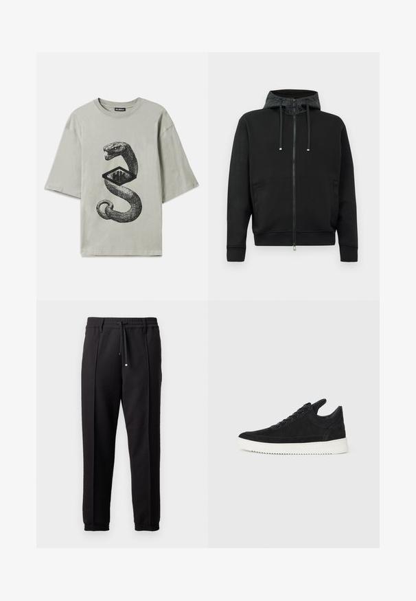 Melna zip-up kapuce, izgatavota no mīksta auduma. Iezīmēta ar rakstainu kapuces oderi, auklām un sānu kabatām. Gluda tekstūra, brīvs piegriezums.; Pelēka kokvilnas T-kreklu ar melnu grafiku, uz kuras attēlots čūskas attēls, kas savītis ap dimanta formu, ar īsām piedurknēm un apaļu kakla izgriezumu.; Melni bikses ar jostu, staipāmu un elastīgām aprocēm. Ar krokām un gludu, teksturētu audumu.; Melna zamša apavi ar baltu gumijas zoli, ar tonālu izšuvumu un auklu dizainu. Gluda tekstūra ar mūsdienīgu, plūstošu formu.