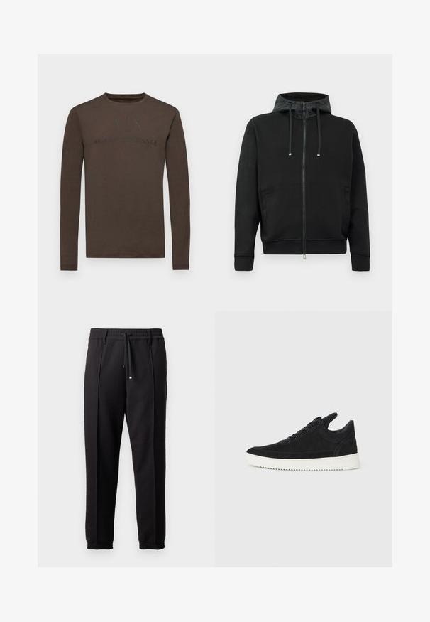Svart zip-up hettegenser laget av mykt stoff. Har et mønstrete fôr i hetten, snorer og sidelommer. Glatt tekstur, avslappet passform.; Armani Exchange Topper langermet - black olive; Sorte bukser med liv, snor og elastiske mansjetter. Har plisséer og et glatt, teksturert stoff.; Sorte semskede sneakers med hvit gummisåle, med tonale sømmer og snøring. Glatt tekstur med en moderne, strømlinjeformet form.