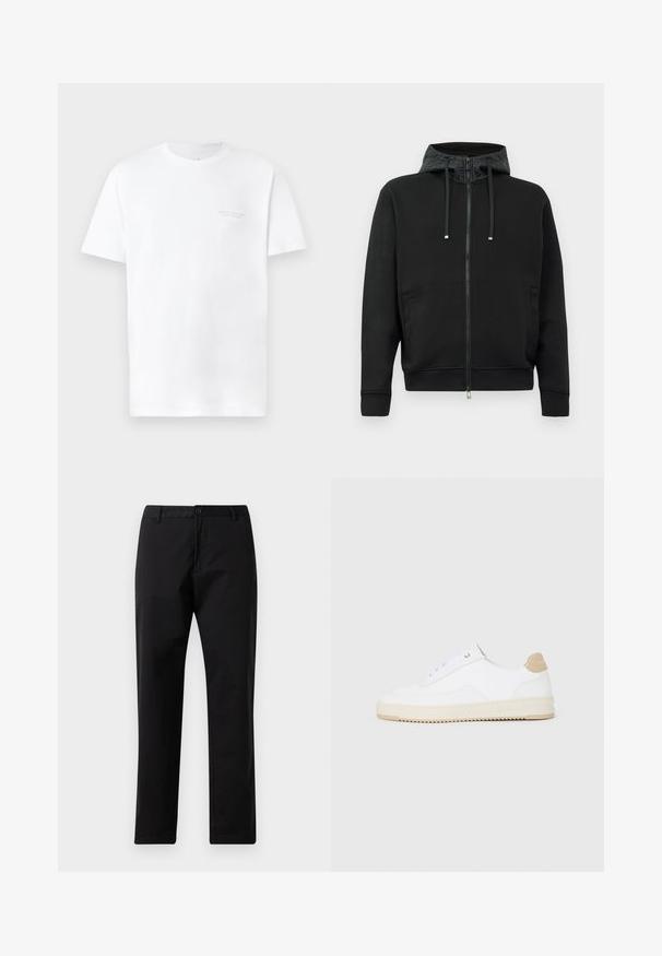 Juodas užtrauktukas megztinis, pagamintas iš minkštos medžiagos. Su raštuota kapučio pamušalu, raišteliais ir šoninėmis kišenėmis. Lygus paviršius, laisvas kirpimas.; Balta medvilninė marškinėliai trumpomis rankovėmis, apvaliu kaklu, su subtiliu pilku logotipu kairėje krūtinės pusėje ir lygiu paviršiumi.; Juodos tiesios kojos kelnės su mygtuku ir užtrauktuku, diržo kilpomis ir priekinėmis kišenėmis, pateiktos ant baltos fono.; Baltos žemos sportbačiai su tekstūruota odine viršutinė dalimi, kreminė banguota priekiu ir ruda kulno akcentu. Yra baltos raištelės ir logotipas ant kulno.