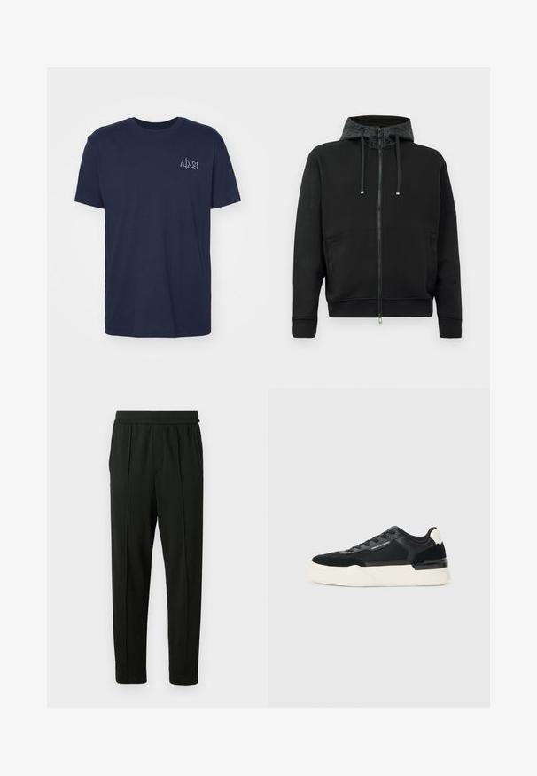 Černá zipová mikina vyrobená z měkké tkaniny. Obsahuje vzorovanou podšívku kapuce, stahovací šňůrky a boční kapsy. Hladká textura, uvolněný střih.; Námornícky modré bavlněné tričko s krátkými rukávy, kulatým výstřihem a malým vyšitým logem na levém prsu. Klasický střih a hladká textura.; Černé kalhoty vyrobené z hladkého materiálu; mají elastický pas, postranní kapsy a zúžený střih nohavic. Minimalistické a jednobarevné.; Černé tenisky vyrobené z mřížkového materiálu a kůže, s výraznou bílou podešví a kontrastními akcenty. Šněrování a detail loga na straně.