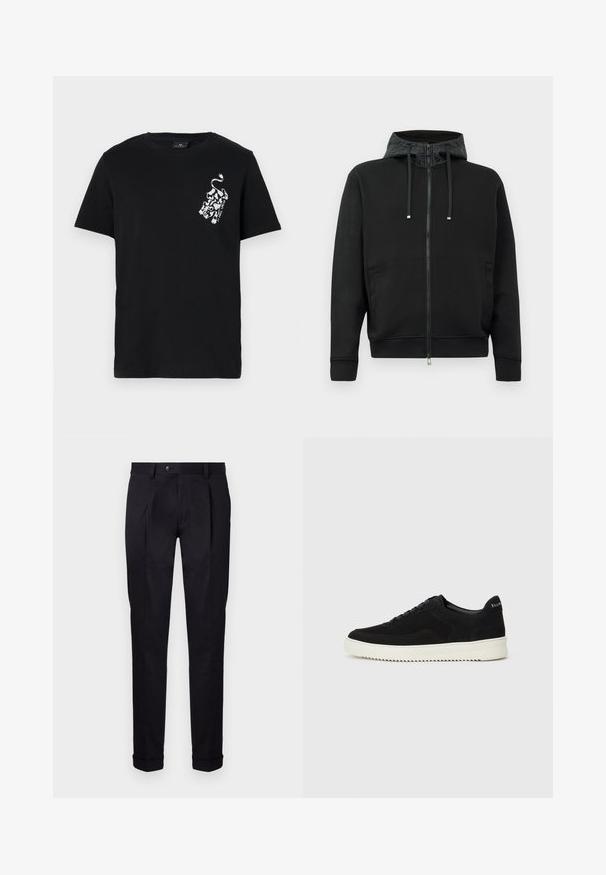 Črna zip-up kapuca, izdelana iz mehkega blaga. Ima vzorčeno podlogo kapuce, vrvico in stranske žepe. Ima gladko teksturo in sproščen kroj.; Črna bombažna majica s grafiko belega leva na levi strani prsnega koša. Standardni okrogel izrez in kratki rokavi.; Prilagojene črne hlače iz gladkega blaga, z ravnim sprednjim delom, dvema sprednjima naborkoma in zavihanimi robovi za čist in strukturiran videz.; Črni semiš teniški copati z vezalkami in kontrastnim belim gumijastim podplatom. Imajo teksturirane stranske panele in subtilno oznako na peti.