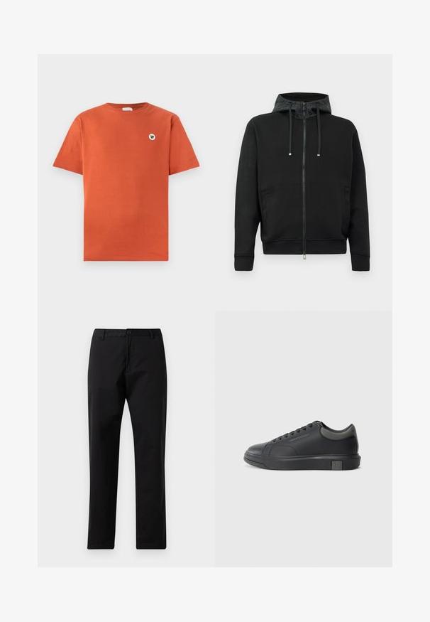 Črna zip-up kapuca, izdelana iz mehkega blaga. Ima vzorčeno podlogo kapuce, vrvico in stranske žepe. Ima gladko teksturo in sproščen kroj.; Bombažna majica v žgano oranžni barvi, standardne oblike, okrogli izrez, kratki rokavi, s manjšim belim okroglim logotipom na prsih.; Črne trdne hlače z ravnimi nogami, z gumbom in zadrgo, z luknjami za pas in sprednjimi žepi, prikazane na belem ozadju.; Črne usnjene teniske s gladko površino, zaobljenim prstom in temno sivo akcenti. Imajo sistem vezanja in teksturiran gumijast podplat.