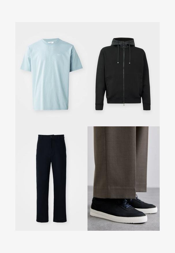 Černá zipová mikina vyrobená z měkké tkaniny. Obsahuje vzorovanou podšívku kapuce, stahovací šňůrky a boční kapsy. Hladká textura, uvolněný střih.; Světle modré bavlněné tričko s krátkými rukávy, kulatým výstřihem a malým bílým logem na přední straně. Hladká textura, neformální design.; Námorně modré kalhoty vyrobené ze 100 % bavlny, s rovnými nohavicemi, předním zapínáním na knoflík a klasickým pasem s poutky na pásek.; Černé semišové tenisky s bílými gumovými podrážkami, s kulatou špičkou a tkaničkami, obuté s šedými úzkými kalhotami.