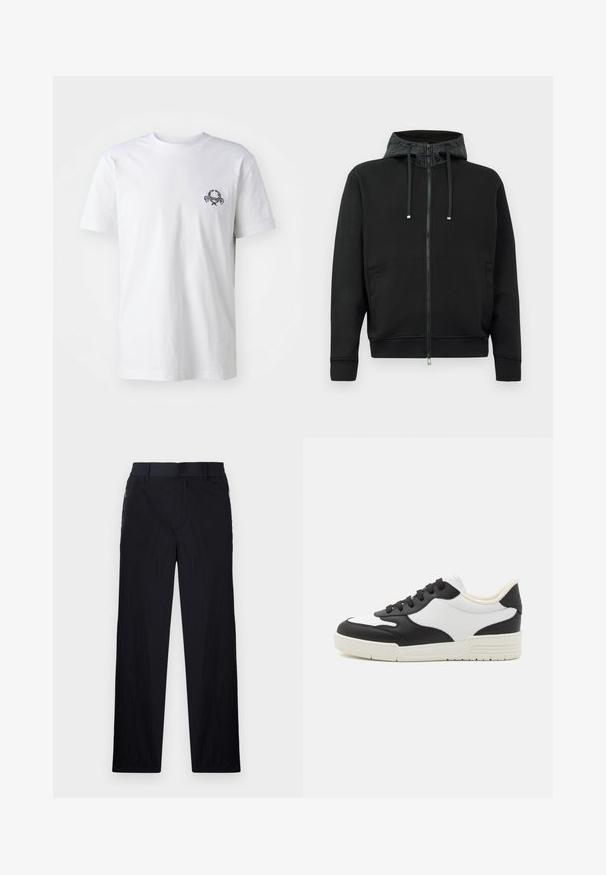 Musta vetoketjullinen huppari pehmeästä kankaasta. Sisältää kuvioidun hupun vuorin, narut ja sivutaskut. Sujuva tekstuuri, rento istuvuus.; Valkoinen puuvillapaita, jossa on pieni musta brodeerattu design rinnassa; lyhyet hihat ja klassinen pyöreä pääntie.; Mustat housut, joissa on kevyt, teksturoitu kangas, suora lahje, joustava vyötärö ja sivuvetoketjupussit.; Mustat ja valkoiset lenkkitossut, joissa on sileä nahkainen päällinen, pyöristetty kärki ja tasainen kumipohja. Varustettu mustilla nauhoilla ja pehmeällä sisävuorella.