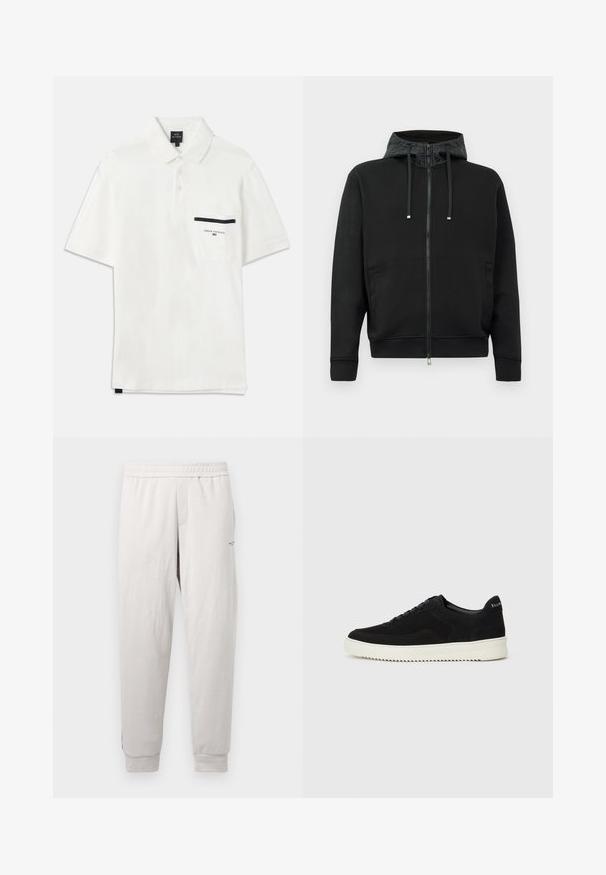 Svart zip-up hettegenser laget av mykt stoff. Har et mønstrete fôr i hetten, snorer og sidelommer. Glatt tekstur, avslappet passform.; Hvit polo skjorte i bomullsblanding, med tre-knappers knappespenning, korte ermer og en lomme med marineblå stripe. Merkevarelogo på lommen.; Lys grå joggebukser med elastisk midjebånd, sidelommer, ribbestrikkede mansjetter og subtil merking på benet, laget av myk stoff.; Svart semsket sneakers med snøring og kontrasterende hvit gummisåle. Har teksturerte sidepaneler og subtil merkevare på hælen.