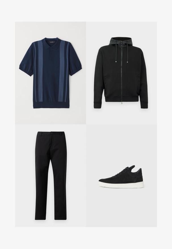 Čierna mikina na zips vyrobená z mäkkej tkaniny. Obsahuje vzorovaný podšívku kapuce, šnúrky a bočné vrecká. Hladká textúra, uvoľnený strih.; Námornícky modré polo tričko s krátkym rukávom s dvojfarebnými pruhmi, trojbuttonovým zapínaním a rebrovaným golierom a manžetami. Vyrobené z jemnej, textúrovanej tkaniny.; Čierne nohavice so rovnými nohavicami, s upevnením na gombík a zips, s pútkami na opasok a prednými vreckami, zobrazené na bielom pozadí.; čierne semišové tenisky s bielou gumovou podrážkou, s tonálnym prešívaním a šnurovaním. Hladká textúra s moderným, zjednodušeným tvarom.