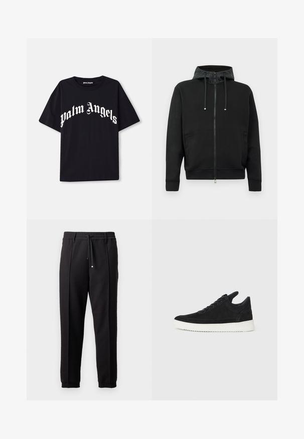 Svart zip-up hettegenser laget av mykt stoff. Har et mønstrete fôr i hetten, snorer og sidelommer. Glatt tekstur, avslappet passform.; Svart bomull t-skjorte med korte ermer og rund halslinning, med hvit tekst "palm angels" i en buet, utsmykket font over forsiden.; Sorte bukser med liv, snor og elastiske mansjetter. Har plisséer og et glatt, teksturert stoff.; Sorte semskede sneakers med hvit gummisåle, med tonale sømmer og snøring. Glatt tekstur med en moderne, strømlinjeformet form.