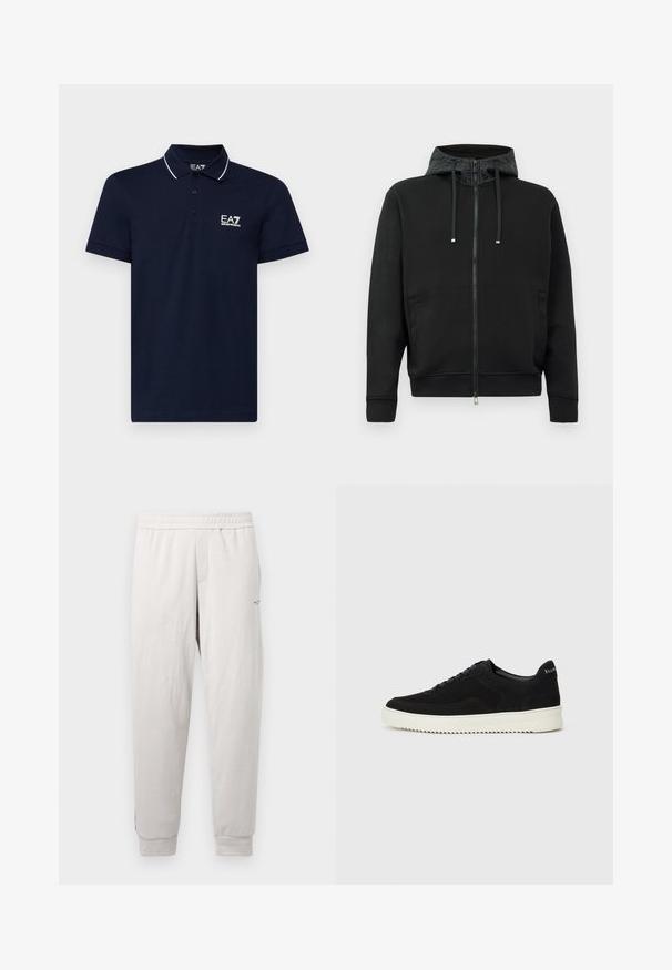 Černá zipová mikina vyrobená z měkké tkaniny. Obsahuje vzorovanou podšívku kapuce, stahovací šňůrky a boční kapsy. Hladká textura, uvolněný střih.; Námořnická modrá polo tričko vyrobené z bavlny s klasickým límečkem, zapínáním na tři knoflíky a bílými akcentními liniemi kolem límečku a rukávů. Logo EA7 v bílé barvě.; Světlé šedé tepláky s elastickým pasem, postranními kapsami, žebrovanými manžetami a decentním značením na nohavicích, vyrobené z měkké tkaniny.; Černé semišové tenisky s krajkovým designem a kontrastní bílou gumovou podrážkou. Obsahují texturované boční panely a jemné branding na patě.