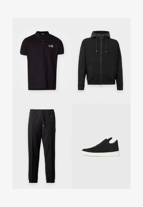 Juodas užtrauktukas megztinis, pagamintas iš minkštos medžiagos. Su raštuota kapučio pamušalu, raišteliais ir šoninėmis kišenėmis. Lygus paviršius, laisvas kirpimas.; Juodas polo marškinėliai iš medvilnės mišinio su klasikiniu apykakle, trimis mygtukais ir balta "ICON" užrašu kairėje krūtinės pusėje. Glotni tekstūra, trumpomis rankovėmis.; Juodos kelnės su juosmeniu, raišteliu ir elastingais rankogaliais. Yra raukšlės ir lygus, tekstūruotas audinys.; Juodų suede sportbačių su balta gumine padu, su toniniais siuvinėjimais ir raištelių užsegimu. Sklandus paviršius su šiuolaikine, laiko forma.