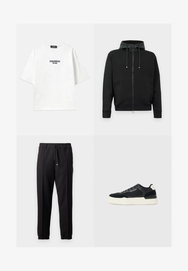 Crna zip-up dukserica od mekog materijala. Sadrži kapuljaču s uzorkom, šnalu za podešavanje i bočne džepove. Glatka tekstura, opušteni kroj.; Dsquared2 LOOSE FIT TEE - Majica kratkih rukava s printom - white/dark navy; Crne hlače s pojasom, vezicom i elastičnim rubovima. Imaju nabore i glatku, teksturiranu tkaninu.; Crne tenisice od mrežaste tkanine i kože, s debelim bijelim potplatom i kontrastnim detaljima. Šnure i logo detalj sa strane.