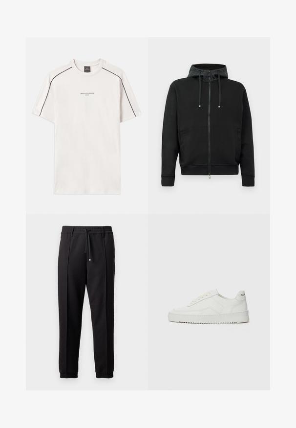 Čierna mikina na zips vyrobená z mäkkej tkaniny. Obsahuje vzorovaný podšívku kapuce, šnúrky a bočné vrecká. Hladká textúra, uvoľnený strih.; Béžové tričko vyrobené z bavlny, s krátkymi rukávmi, okrúhlym výstrihom, kontrastným čiernym prešívaním na pleciach a potlačeným logom.; Čierne nohavice s pásom, šnúrkou na stiahnutie a elastickými manžetami. Obsahujú pútkové prešitia a hladkú, textúrovanú látku.; Biele kožené tenisky s hladkým povrchom, okrúly špičkový dizajn, ploché šnúrky a textúrovaná podrážka. Obsahujú jemné logo na päte.