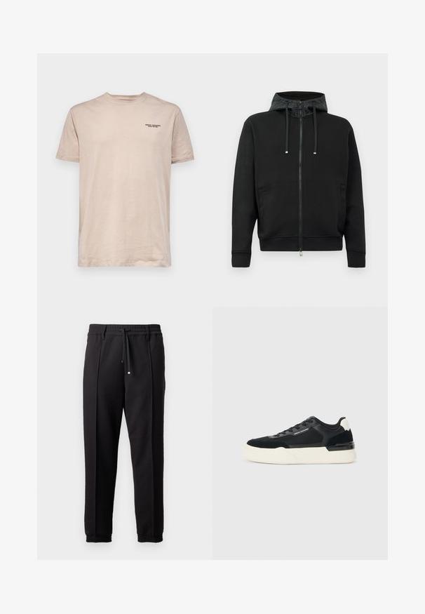 Corta-vento preto com fecho éclair feito de tecido macio. Apresenta um forro de capuz estampado, cordões e bolsos laterais. Textura suave, ajuste descontraído.; T-shirt de algodão bege com mangas curtas, decote redondo e logo impresso "ARMANI EXCHANGE" no lado esquerdo do peito. Textura suave, design minimalista.; Calças pretas com uma cinta na cintura, cordão ajustável e punhos elásticos. Apresenta pregas e um tecido liso e texturizado.; Sapata preta feita de malha e couro, apresentando uma sola branca grossa e detalhes contrastantes. Cadarços e detalhe do logótipo na lateral.