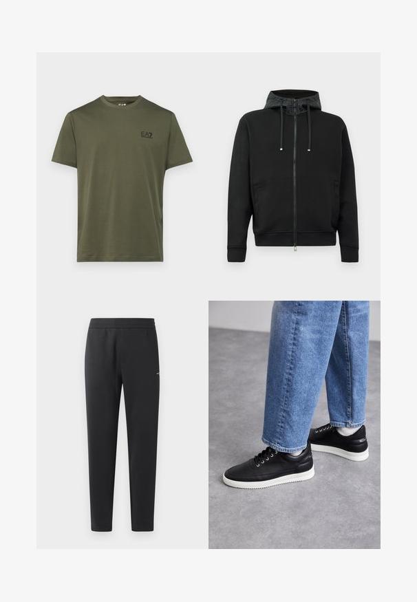 Schwarze Reißverschluss-Hoodie aus weichem Stoff. Mit einem gemusterten Futter in der Kapuze, Kordeln und Seitentaschen. Glatte Textur, lockere Passform.; EA7 Emporio Armani TRAIN CORE TEE - T-Shirt basic - beetle; Schwarze Jogginghosen aus weichem Stoff, mit einem elastischen Bund, geraden Beinen und einem kleinen Logodetail an der Seite.; Schwarze Ledersneaker mit weißen Gummisohlen, ausgestattet mit runden Schnürsenkeln, glatter Oberfläche und dezentem Branding an der Ferse. Getragen mit blauen Jeans.