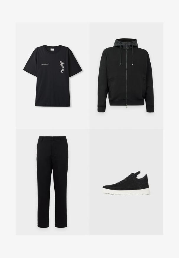 Svart zip-up hettegenser laget av mykt stoff. Har et mønstrete fôr i hetten, snorer og sidelommer. Glatt tekstur, avslappet passform.; Svart bomulls-T-skjorte med løs passform, rund hals og brodert tekst "United By Rhythm" med et dekorativt design på siden.; Svarte bukser med rette ben, laget av glatt stoff. Har midje med normal høyde og sidelommer. Minimalistisk stil uten mønstre.; Sorte semskede sneakers med hvit gummisåle, med tonale sømmer og snøring. Glatt tekstur med en moderne, strømlinjeformet form.