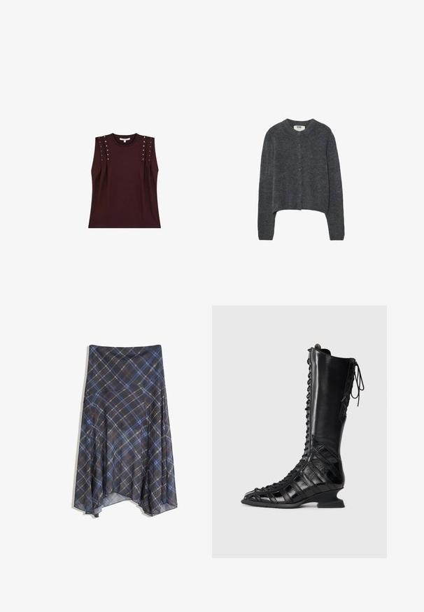 Dunkelgraue Strickjacke aus strukturiertem Strickstoff, mit rundem Ausschnitt, langen Ärmeln und sechs Knopfverschlüssen hinten.; Dunkelburgunderfarbene ärmellose Bluse mit Schulter-Nieten, aus weichem Stoff. Mit klassischem Rundhalsausschnitt und entspannter Passform.; Schwarzer Karorock mit blauen und braunen Linien, fließendes Design, knielang, aus leichtem Stoff mit glatter Textur.; Schwarze kniehohe Stiefel mit Schnürung an der Vorderseite, aus glattem und strukturiertem Leder, mit einem skulptierten Absatz und geometrischem Paneldesign.