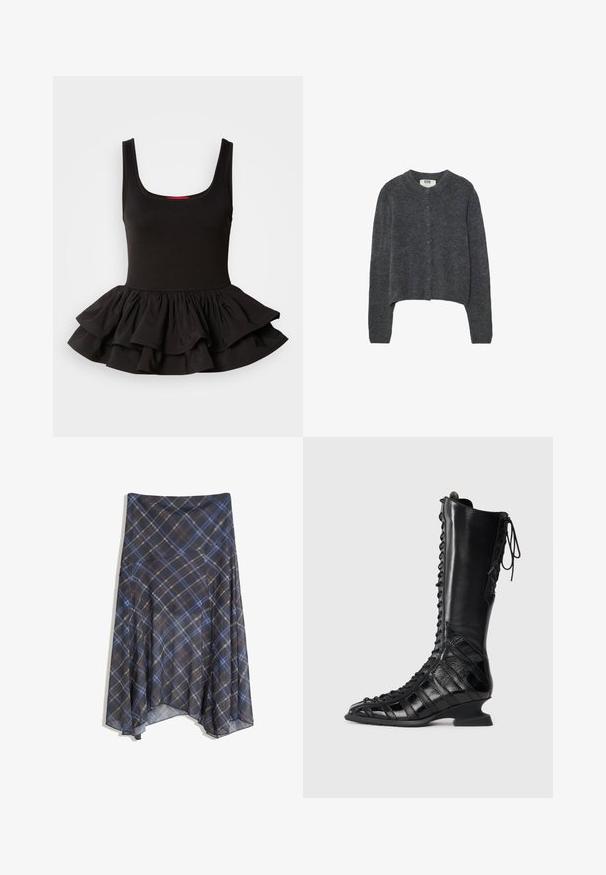 Tmavě šedý kardigan vyrobený z texturovaného pleteného materiálu, s kulatým výstřihem, dlouhými rukávy a šesti knoflíkovým zapínáním na přední straně.; Černý top bez rukávů ze strečové tkaniny, s přiléhavým tělem a volánkovým peplum lemem s vrstveným designem. Hladká textura.; Černá kostkovaná sukně s modrými a hnědými pruhy, volný design, střední délky, vyrobena z lehké látky s hladkou texturou.; Černé kozačky do kolen s šněrováním vpředu, vyrobené z hladké a texturované kůže, s tvarovaným podpatkem a geometrickým designem panelů.