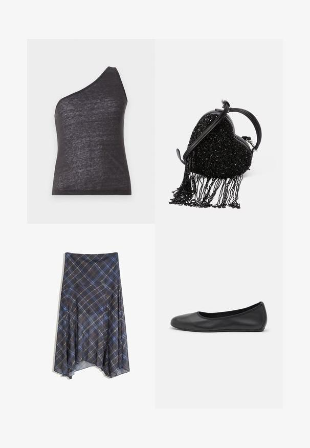 Czarny sweter z ciemnoszarej teksturowanej dzianiny, z okrągłym dekoltem, długimi rękawami i sześcioma guzikami zapinanymi z przodu.; Asymetryczny czarny top na ramiączkach z jednym paskiem, wykonany z miękkiego, lekko przezroczystego materiału, z dopasowanym krojem i gładką fakturą.; Czarna spódnica w kratę z niebieskimi i brązowymi liniami, o zwiewnym fasonie, midi długości, wykonana z lekkiego materiału o gładkiej fakturze.; Czarne skórzane baletki z zaokrąglonym noskiem, gładką fakturą, minimalnymi przeszyciami i elastycznym designem podeszwy.; Czarna torebka w kształcie serca z teksturą koralikową, z frędzlami, gładką skórzaną rączką oraz odczepianym paskiem na ramię.