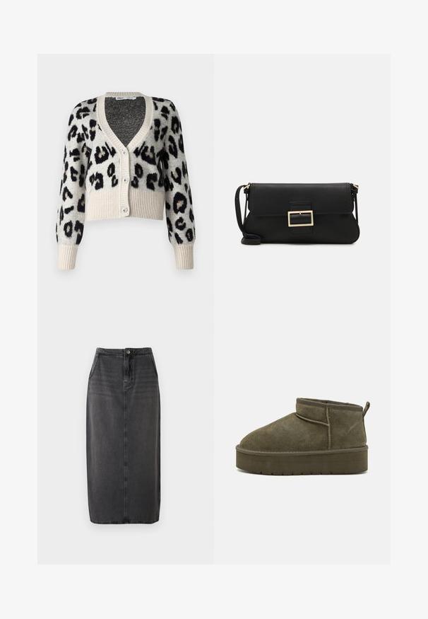 ONLY ONLSARA beżowy; Biała bezrękawnikowa koszulka wykonana z prążkowanej tkaniny, z okrągłym dekoltem i dopasowanym krojem, o minimalnych szwach i bez ozdób.; Czarna, dżinsowa spódnica midi o prostym kroju, z przodem na guziki i bocznymi kieszeniami. Charakteryzuje się gładką teksturą i subtelnym wyblaknięciem.; Zielono-oliwkowe zamszowe botki sięgające kostki z okrągłym noskiem, przeszyciami oraz grubą podeszwą z teksturowanym wzorem. Mała pętelka z tyłu.; Czarna skórzana torebka kopertowa z klapką i detalem w postaci złotej metalowej klamry. Zawiera czarny pasek oraz elegancki, minimalistyczny design.