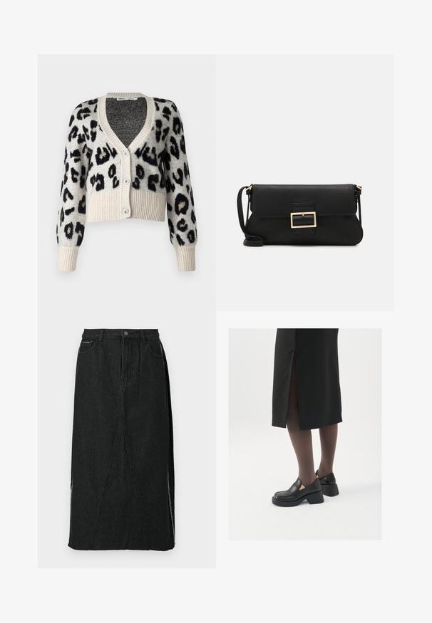 ONLY ONLSARA GLITTER - Gilet - pumice stone/black/gold glitter; Débardeur blanc sans manches en tissu côtelé, doté d'un col rond et d'une silhouette ajustée, avec des coutures minimales et sans ornements.; Jupe en denim noire avec une taille haute, coupe droite et coutures angulaires uniques. Présente des fentes latérales et une fermeture à bouton à la taille.; Chaussures noires en cuir avec un bout arrondi, un épais talon bloc et des accents latéraux élastiques, associées à des bas foncés et une jupe noire avec une fente.; Pochette en cuir noir avec un rabat et un détail en boucle en métal doré. Inclut une sangle noire et un design épuré et minimaliste.