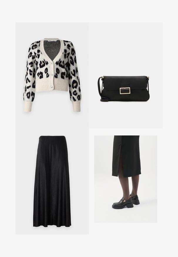 ONLY ONLSARA GLITTER - Cardigan - pumice stone/black/gold glitter; White sleeveless tank top made of ribbed fabric, featuring a rounded neckline and a fitted silhouette, with minimal seams and no embellishments.; Black, floor-length skirt made from a smooth, lightweight fabric. Features a simple, seamless design with an elastic waistband.; Black leather shoes with a rounded toe, thick block heel, and elastic side accents, paired with dark tights and a black skirt with a slit.; Black leather clutch bag with a flap and a gold metal buckle detail. Includes a black strap and a sleek, minimalist design.