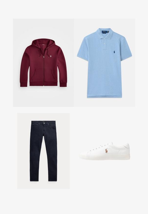 Burgunderfarget hettejakke med glidelås laget av mykt stoff, med kengurulomme, justerbar snorhette og en hvit brodert logo på brystet.; Lyseblå polo skjorte laget av bomull. Har en placket med tre knapper og en brodert mørkeblå logo på venstre bryst. Korte ermer.; Mørkeblå denimjeans med smal passform. Har fem lommer, glidelås og metallknapp som lukking. Jevn tekstur med minimal falming.; Hvite lærsko, lavt design, med en glatt tekstur, rund tå, snøring foran, og en liten brodert logo på siden.
