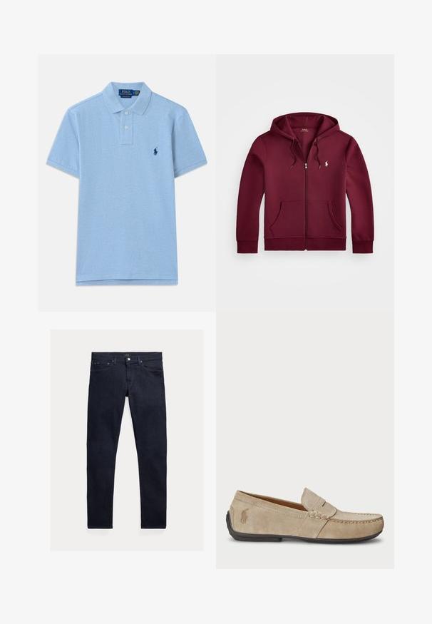 Sweatshirt burgundy com fecho, feita de tecido macio, com um bolso tipo canguru, capuz ajustável com cordão e um logótipo branco bordado no peito.; Polo azul claro feito de algodão. Apresenta uma pala com três botões e um logótipo bordado em azul escuro no lado esquerdo do peito. Mangas curtas.; Calças de ganga azul-escuro com um corte justo. Apresentam cinco bolsos, fecho de correr e botão metálico. Textura lisa com desbotamento mínimo.; Mocassins de camurça beiges com um detalhe costurado, sola de borracha plana e um pequeno logotipo de lado. Design clássico de calçar, textura suave.
