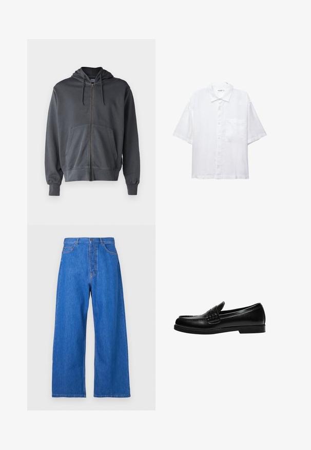 Szürke zipzáras kapucnis pulóver, elülső zsebbel és bordázott mandzsettákkal. Puha anyagból készült, egyszerű, letisztult dizájnnal.; Fehér, rövid ujjú ing gombos elülső résszel, gallérral és egyetlen mellzsebbel. Könnyű anyagból készült, sima textúrával.; Kék, bő szárú farmernadrág magas derékkal, elöl gombos záródással, övhurkokkal és öt zsebes kialakítással.; Fekete bőr loafer sima felülettel, a vamp-on varrási részlettel és alacsony, szilárd fekete gumitalppal.
