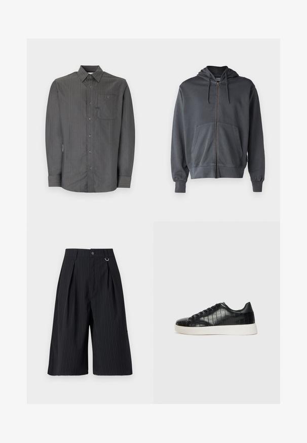 Siva zip-up kapuca s kapuco, sprednjim žepom in ribanim manšetami. Narejen iz mehke tkanine, z enostavnim in čistim dizajnom.; Siva prugasta majica z dolgimi rokavi s kragnjo na gumb in žepom na prsih, ki ima majhne gumbe in teksturirano tkanino.; Črne kratke hlače s črtami, z naborki, gumbom za zapiranje in kovinskim obročkom kot dodatkom. Gladka tkanina s krojem, ki se prilega in dolžino do kolen.; Črne športne copate z zgornjim delom iz teksturirane usnjene tkanine s kroko, zaobljenim nosom in kontrastnim belim gumijastim podplatom z gladko površino.